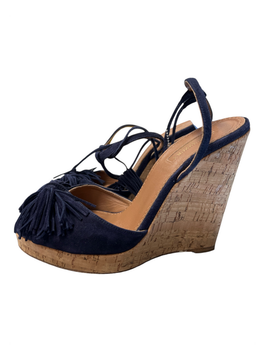 Aquazzura Shoe Size 38 Navy Leather Open Toe & Heel Tie Ankle Wedge Cork Shoes Navy / 38