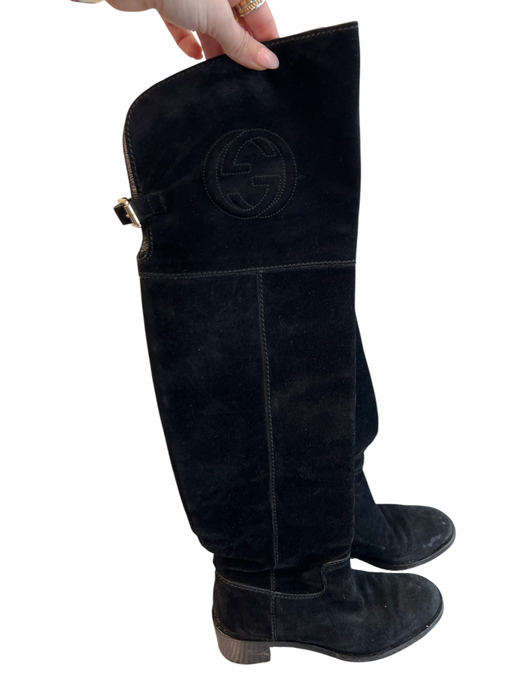 Gucci Shoe Size 37 Black Suede Almond Toe Back Buckle Over the Knee Riding Boots Black / 37