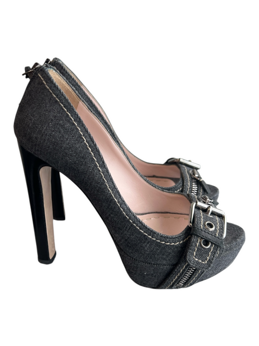 Miu Miu Shoe Size 37 Gray Leather & Fabric Denim Open Toe Platform Shoes Gray / 37