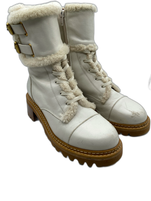 See By Chloe Shoe Size 39 Cream Leather Upper Shearling Trim Buckle Detail Boots Cream / 39