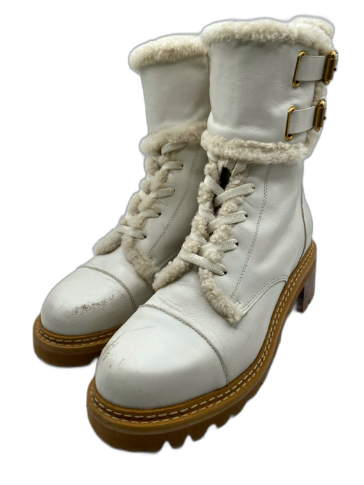 See By Chloe Shoe Size 39 Cream Leather Upper Shearling Trim Buckle Detail Boots Cream / 39