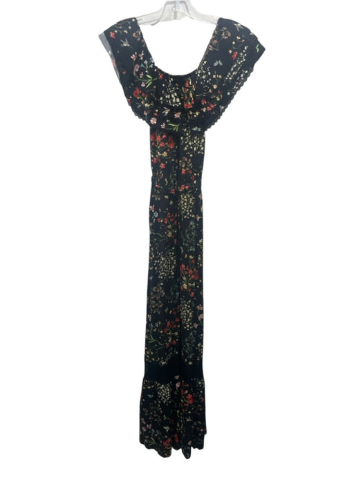Alice + Olivia Size Small Black & Multi Ruffle Cap Sleeve Floral Lace Trim Dress Black & Multi / Small