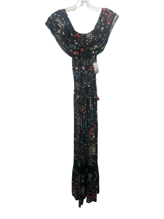 Alice + Olivia Size Small Black & Multi Ruffle Cap Sleeve Floral Lace Trim Dress Black & Multi / Small