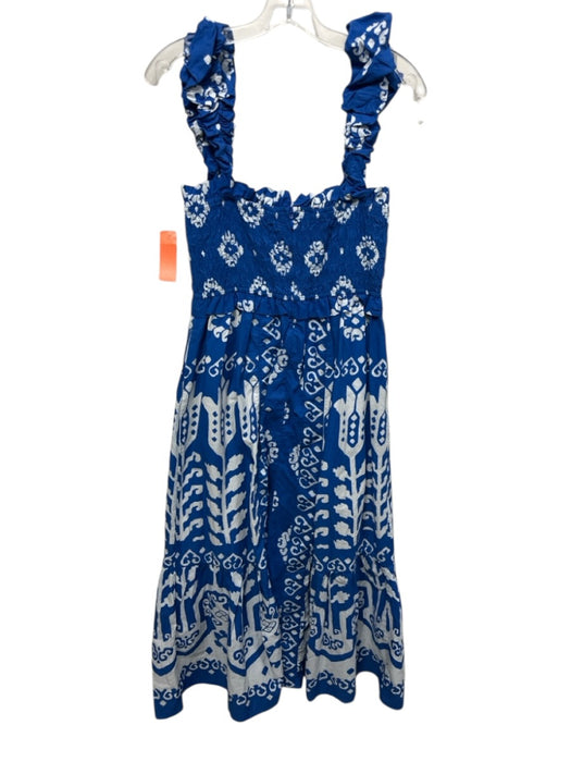 Sea New York Size M Blue & White Cotton Shirred abstract flowers Maxi Dress Blue & White / M