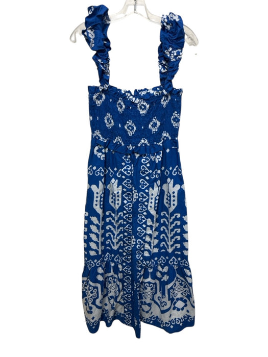 Sea New York Size M Blue & White Cotton Shirred abstract flowers Maxi Dress Blue & White / M