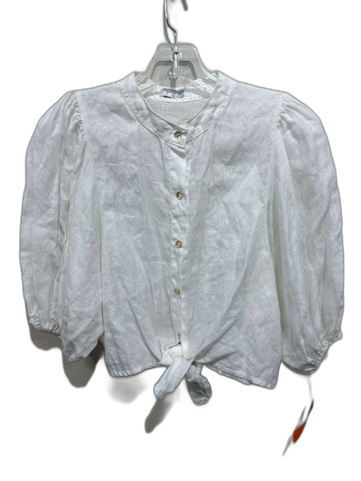 Lanhtropy Size S White Linen Puff Sleeves Button Down Tie Cropped Top White / S