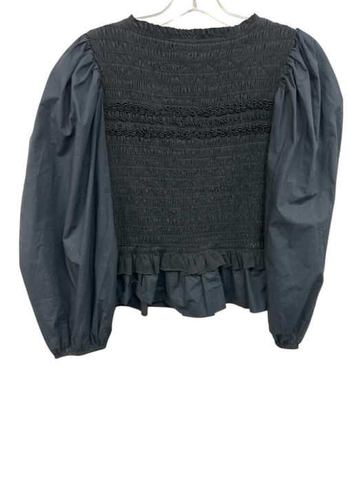 Ulla Johnson Size 6 Black Cotton Long Sleeve Shirred Ruffle Peplum Top Black / 6