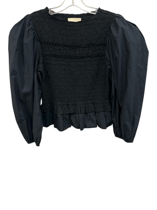 Ulla Johnson Size 6 Black Cotton Long Sleeve Shirred Ruffle Peplum Top Black / 6
