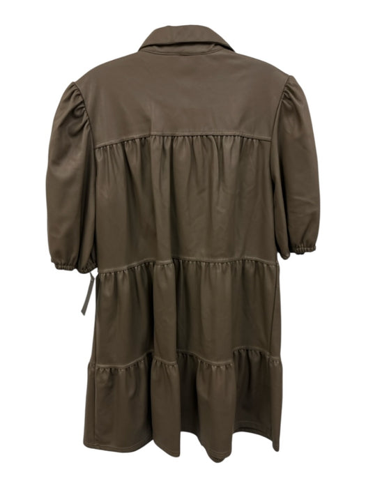 RD Style Size Large Taupe Brown Faux Leather Short Puff Sleeve Tiered Dress Taupe Brown / Large