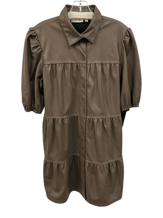 RD Style Size Large Taupe Brown Faux Leather Short Puff Sleeve Tiered Dress Taupe Brown / Large