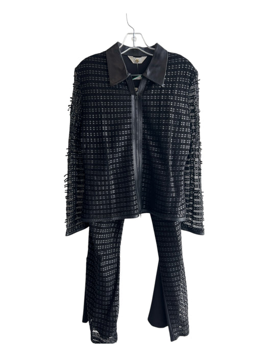 Saquie Size 2 Black Polyester & Leather Collared Front Zip Pull On Pants Suit Black / 2