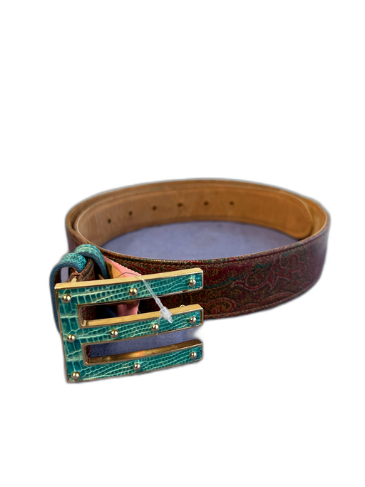 Etro Brown Leather Turquoise Embossed "E" Paisley Print Gold studs Belts Brown / 80 cm