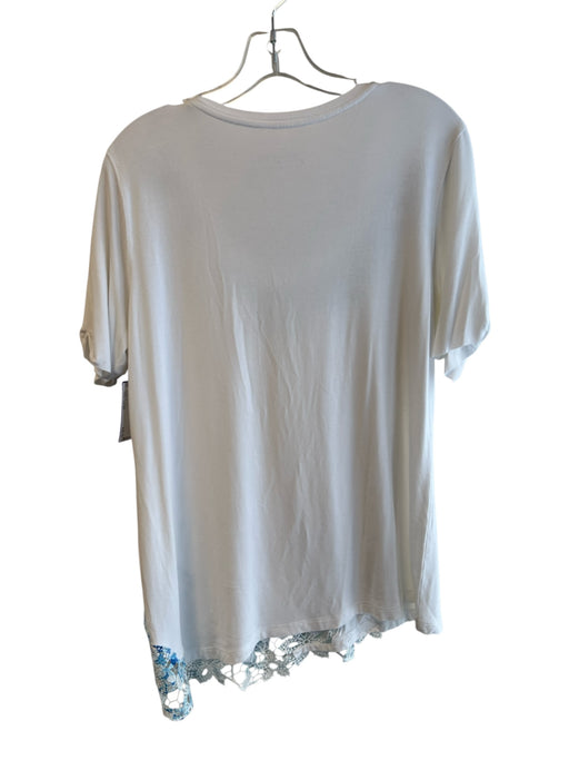 Elie Tahari Size Large White & Blue Viscose Short Sleeve Round Neck Tunic Top White & Blue / Large
