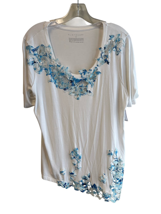 Elie Tahari Size Large White & Blue Viscose Short Sleeve Round Neck Tunic Top White & Blue / Large