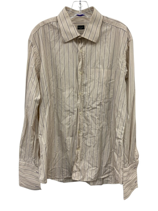 Paul Smith Size 17 Tan & Blue Cotton Striped Button Up Men's Long Sleeve Shirt Tan & Blue / 17