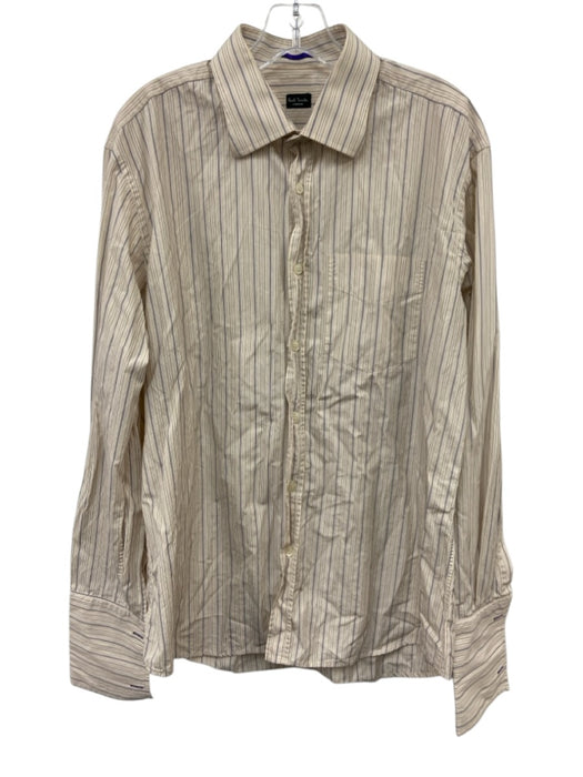 Paul Smith Size 17 Tan & Blue Cotton Striped Button Up Men's Long Sleeve Shirt Tan & Blue / 17
