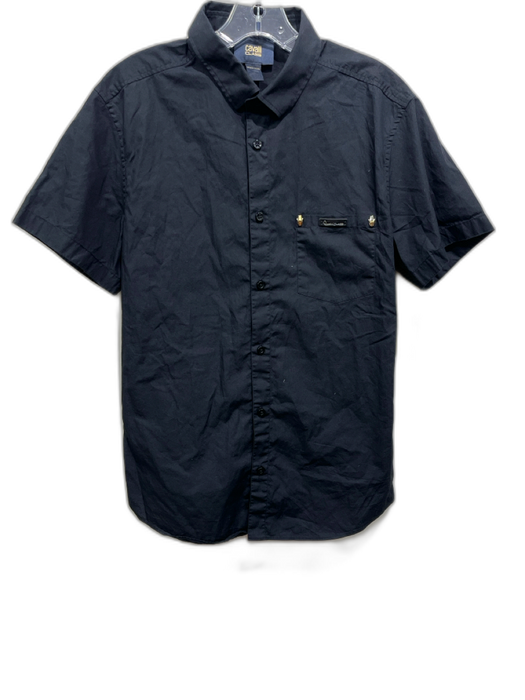 Roberto Cavalli Size L Black Cotton Blend Solid Button Up Men's Short Sleeve Black / L
