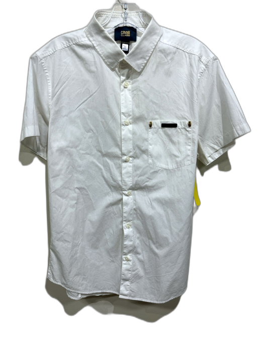 Roberto Cavalli Size L White Cotton Blend Solid Button Up Men's Short Sleeve White / L