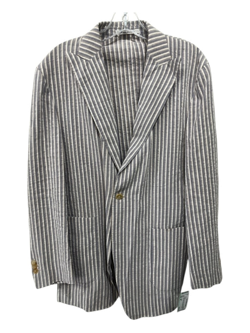 Carracci Beige & Blue Print Cotton Blend Striped Patch Pocket 2 Button Blazer 48