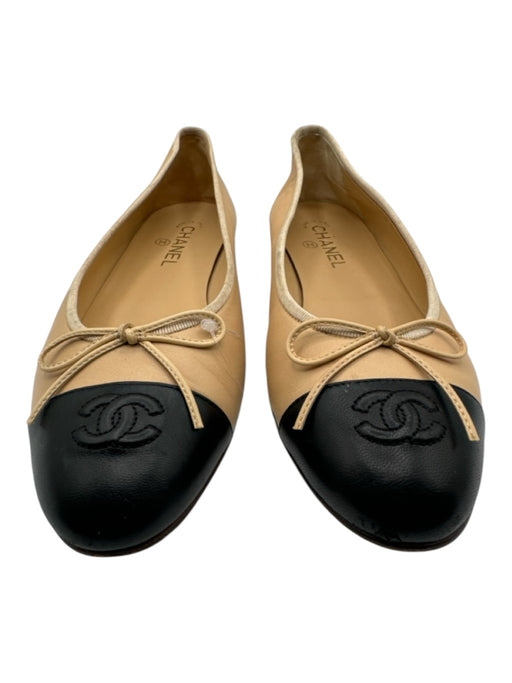 Chanel Shoe Size 41 Nude & Black Leather Cap Toe Ballet Bow Flats Nude & Black / 41