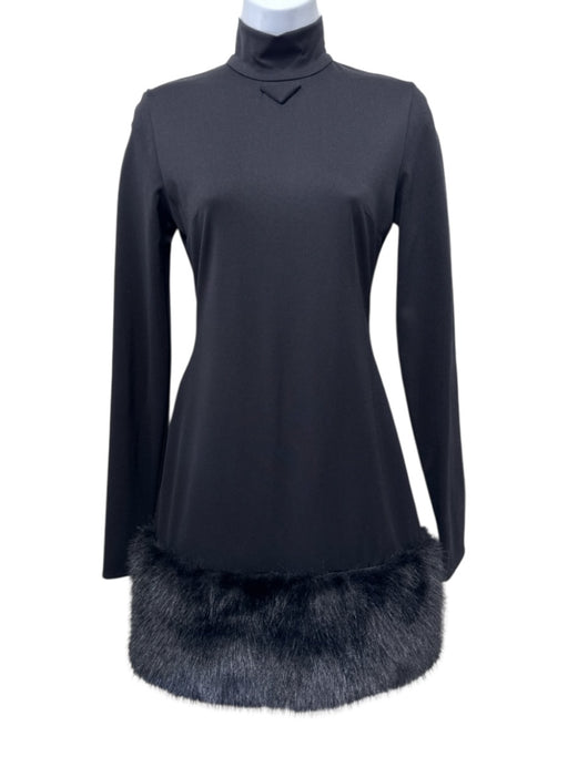 Prada Size S / 40 Black Polyamide Blend High Neck Faux Fur Trim Mini Dress Black / S / 40