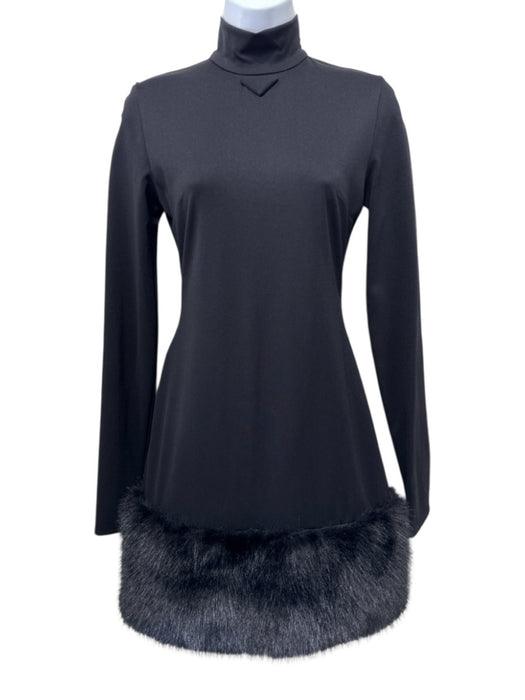 Prada Size S / 40 Black Polyamide Blend High Neck Faux Fur Trim Mini Dress Black / S / 40