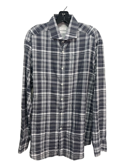 Brunello Cucinelli Size XXL Gray & White Cotton Plaid Men's Long Sleeve Shirt XXL