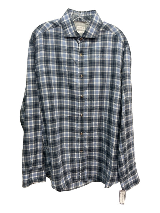 Brunello Cucinelli Size XXL Blue & White Cotton Plaid Men's Long Sleeve Shirt XXL