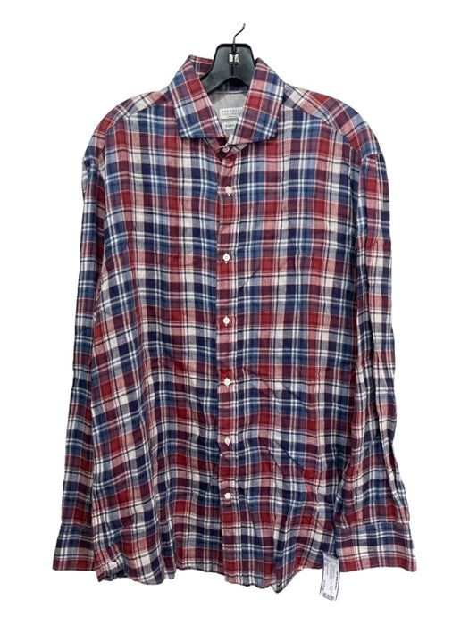 Brunello Cucinelli Size XXL Blue & Red Linen Blend Plaid Men's Long Sleeve Shirt XXL