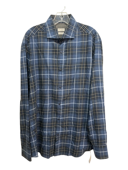 Brunello Cucinelli Size XXL Blue & White Cotton Plaid Men's Long Sleeve Shirt XXL