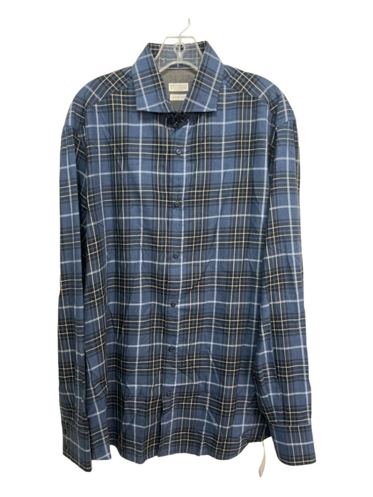 Brunello Cucinelli Size XXL Blue & White Cotton Plaid Men's Long Sleeve Shirt XXL