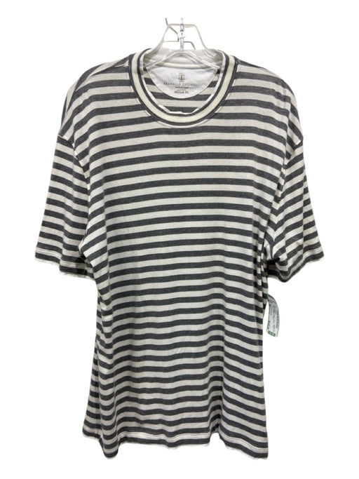 Brunello Cucinelli Size 56 Gray & White Cotton Striped T shirt Crew Short Sleeve 56