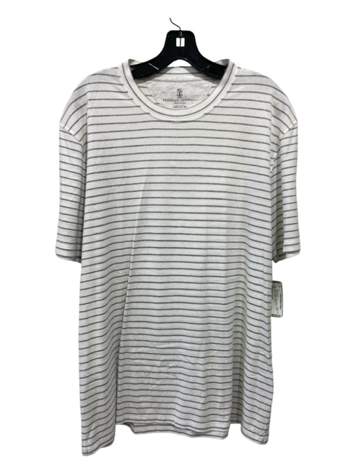 Brunello Cucinelli Size 56 White & Gray Cotton Striped T shirt Crew Short Sleeve 56