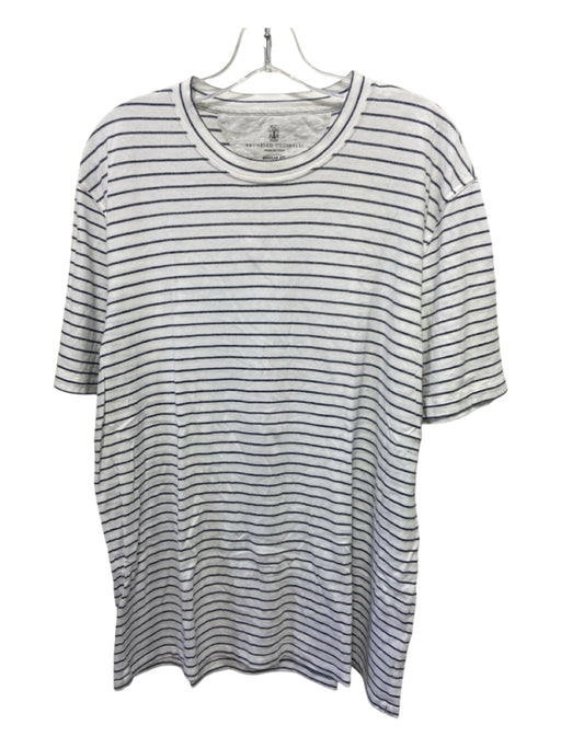 Brunello Cucinelli Size 56 White & Blue Cotton Striped T shirt Crew Short Sleeve 56