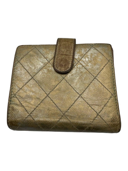 Chanel Gold Leather Quilted Tri fold Button clasp Box Inc. Wallets Gold