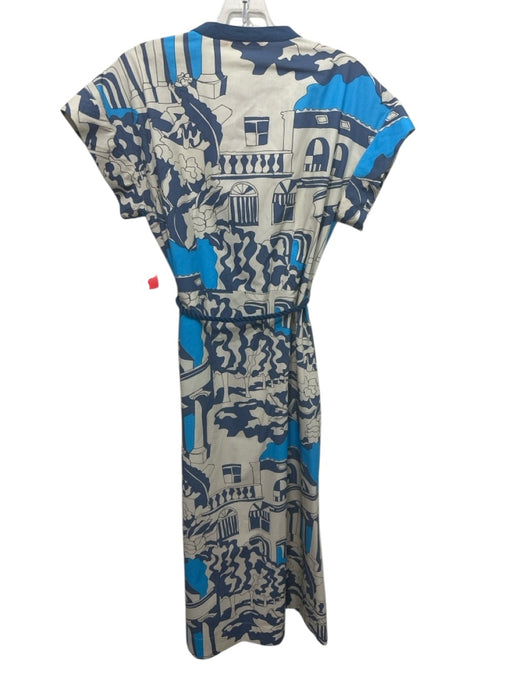 Oliphant Size S Blue & Beige Cotton Abstract Short Sleeve Maxi Dress Blue & Beige / S