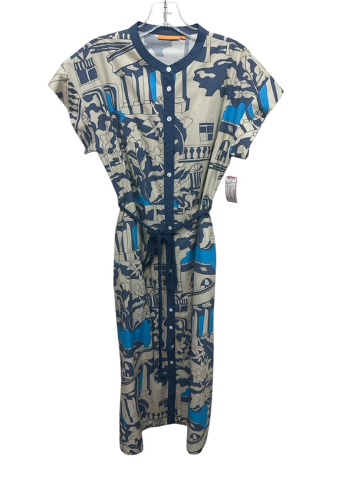 Oliphant Size S Blue & Beige Cotton Abstract Short Sleeve Maxi Dress Blue & Beige / S