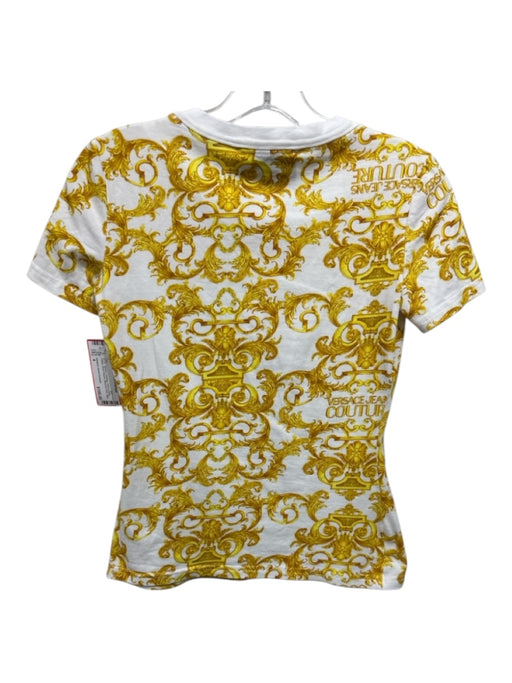 Versace Jeans Couture Size 4 Gold & White Cotton Short Sleeve Barocco Print Top Gold & White / 4