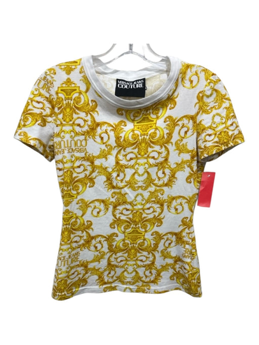 Versace Jeans Couture Size 4 Gold & White Cotton Short Sleeve Barocco Print Top Gold & White / 4