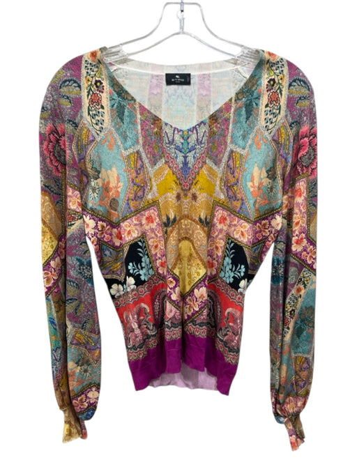 Etro Size 40 Multi Silk Blend Mixed Pattern V Neck Wrist Detail Pullover Sweater Multi / 40