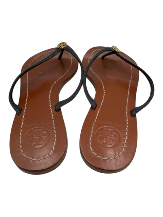 Tory Burch Shoe Size 7 Navy Blue & Brown Leather Logo Thong Sandals Navy Blue & Brown / 7