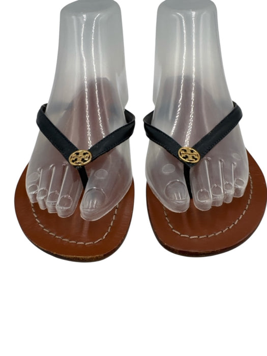 Tory Burch Shoe Size 7 Navy Blue & Brown Leather Logo Thong Sandals Navy Blue & Brown / 7