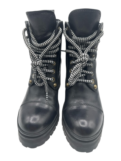 Miu Miu Shoe Size 36.5 Black Leather Midi Block Heel Round Toe Lace Up Booties Black / 36.5