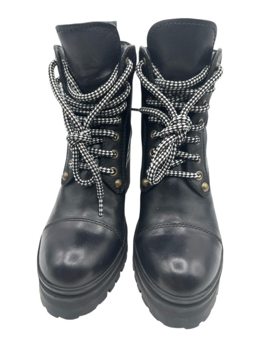 Miu Miu Shoe Size 36.5 Black Leather Midi Block Heel Round Toe Lace Up Booties Black / 36.5
