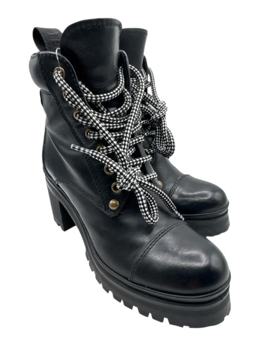Miu Miu Shoe Size 36.5 Black Leather Midi Block Heel Round Toe Lace Up Booties Black / 36.5
