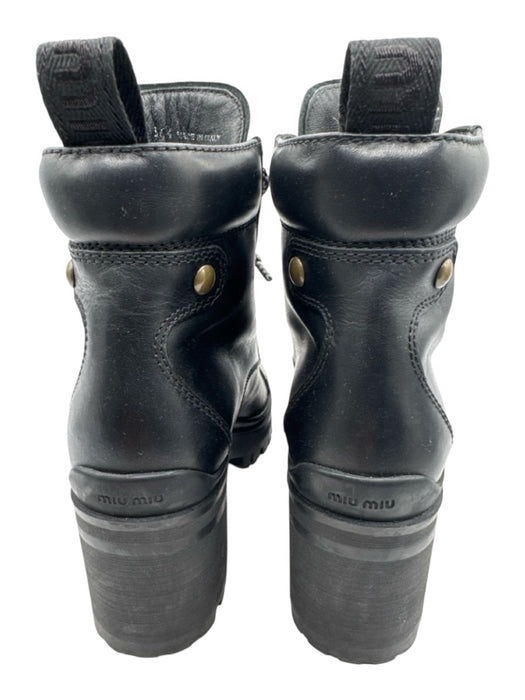 Miu Miu Shoe Size 36.5 Black Leather Midi Block Heel Round Toe Lace Up Booties Black / 36.5