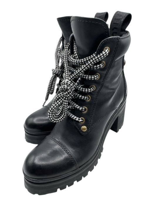 Miu Miu Shoe Size 36.5 Black Leather Midi Block Heel Round Toe Lace Up Booties Black / 36.5