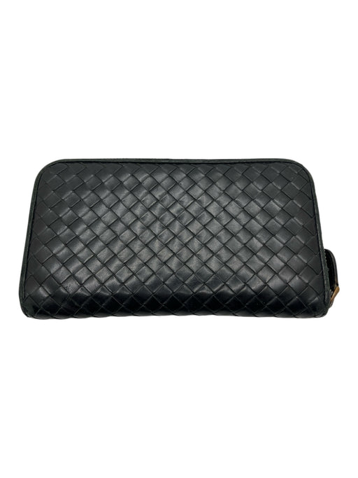 Bottega Veneta Black Leather Woven Zip Around Vintage Wallets Black