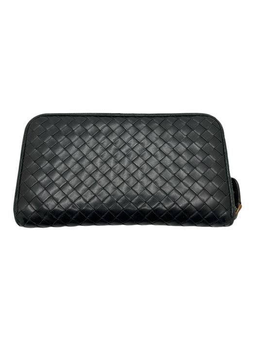 Bottega Veneta Black Leather Woven Zip Around Vintage Wallets Black