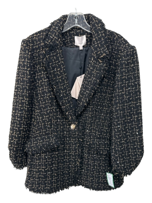 Cinq a Sept Size 12 Black & Gold Wool Blend Boucle Flap Pocket 3/4 Sleeve Jacket Black & Gold / 12